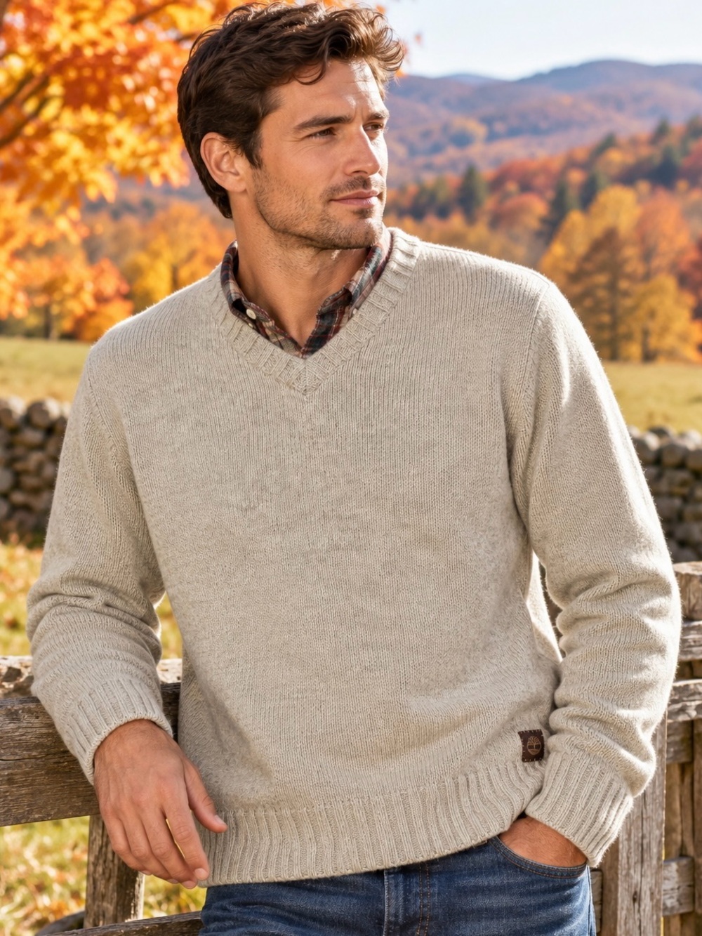Timberland Mens L Merino Wool Sweater Oatmeal V Neck Preppy Outdoor Classic